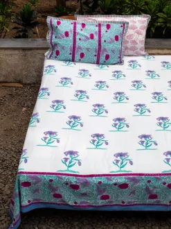 Song of Lilies Block Printed Cotton Bedsheet