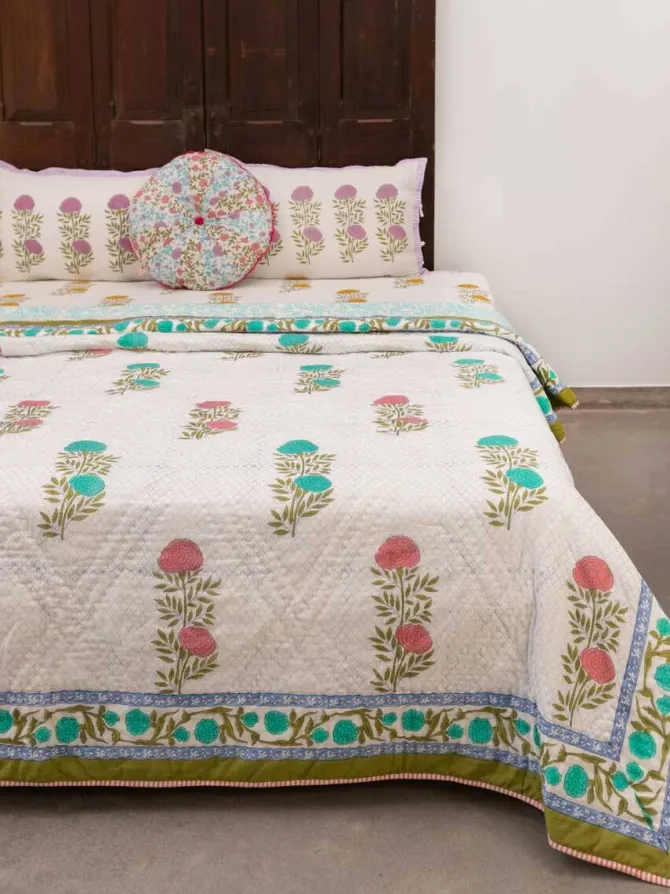 Spring Time Block Printed Cotton Quilt