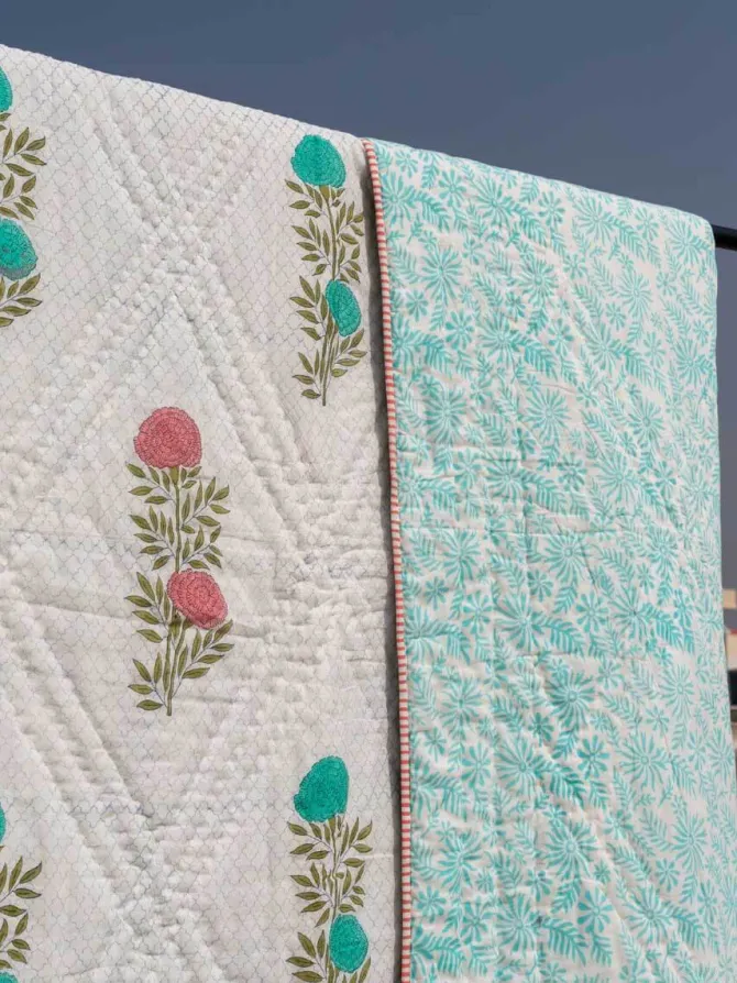 Spring Time Block Printed Cotton Quilt
