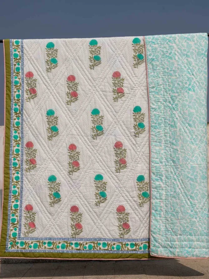 Spring Time Block Printed Cotton Quilt