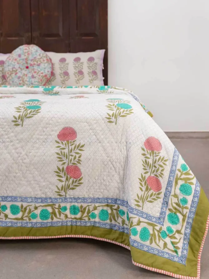 Spring Time Block Printed Cotton Quilt