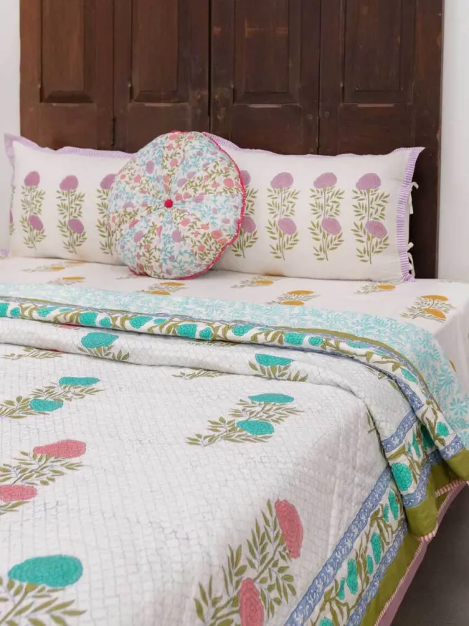 Spring Time Block Printed Cotton Quilt