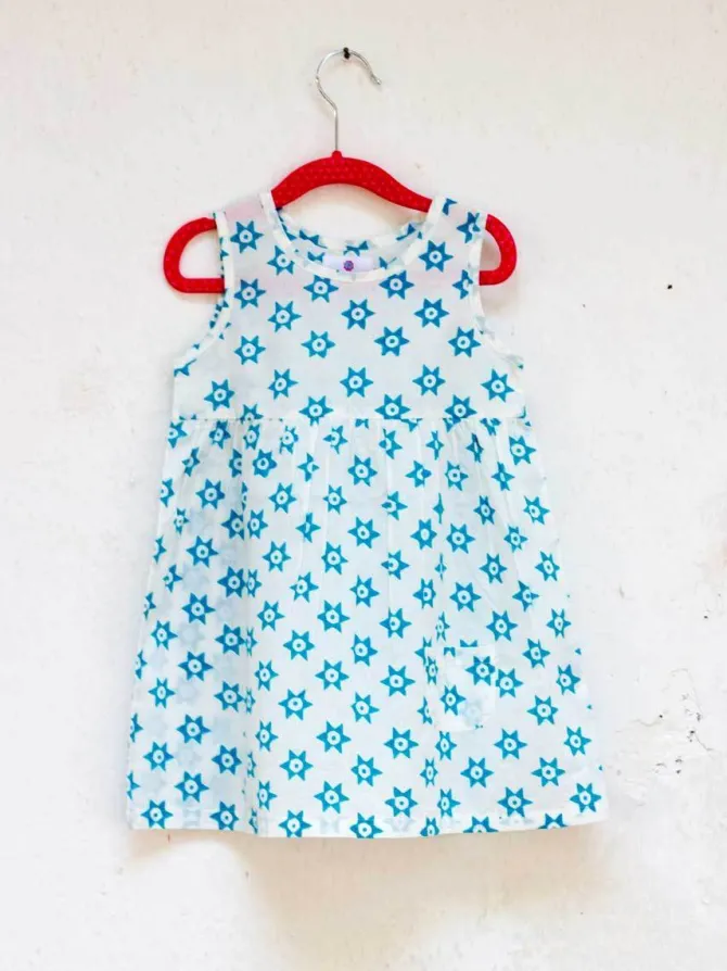 Starry Night Organic Cotton Block Printed Dress with a Pocket