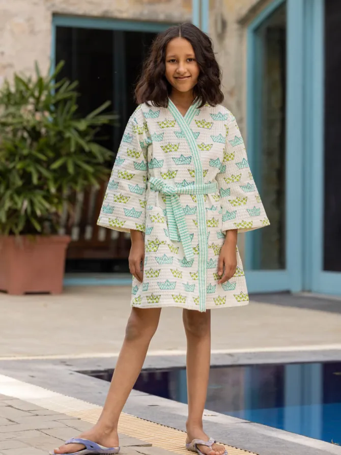 Tiny Sailor Block Printed Waffle Cotton Bath Robe