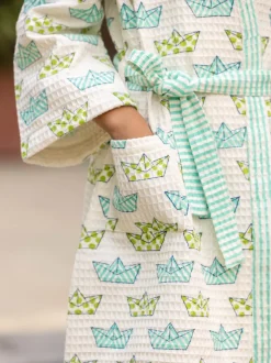 Tiny Sailor Block Printed Waffle Cotton Bath Robe