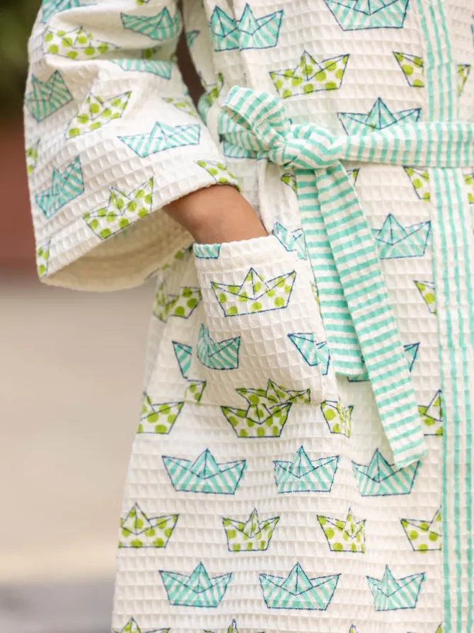 Tiny Sailor Block Printed Waffle Cotton Bath Robe