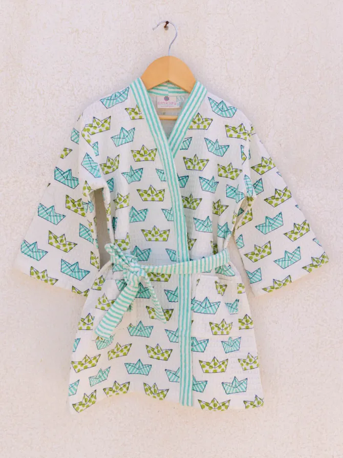 Tiny Sailor Block Printed Waffle Cotton Bath Robe