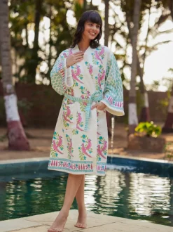 Tota Rani Block Printed Waffle Cotton Bath Robe