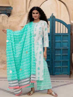 Turquoise Ikat Block Printed Mulmul Dupatta