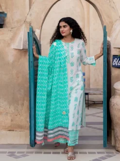Turquoise Ikat Block Printed Mulmul Dupatta