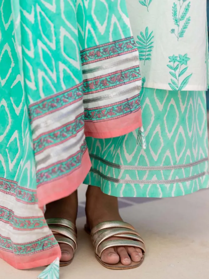 Turquoise Ikat Block Printed Mulmul Dupatta