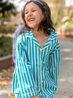 Turquoise Stripes Block Printed Cotton Top & Pyjama Set