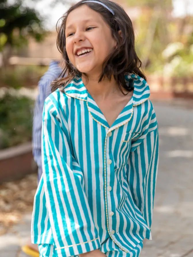 Turquoise Stripes Block Printed Cotton Top & Pyjama Set