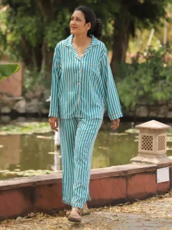 Turquoise Stripes Block Printed Cotton Top & Pyjama Set