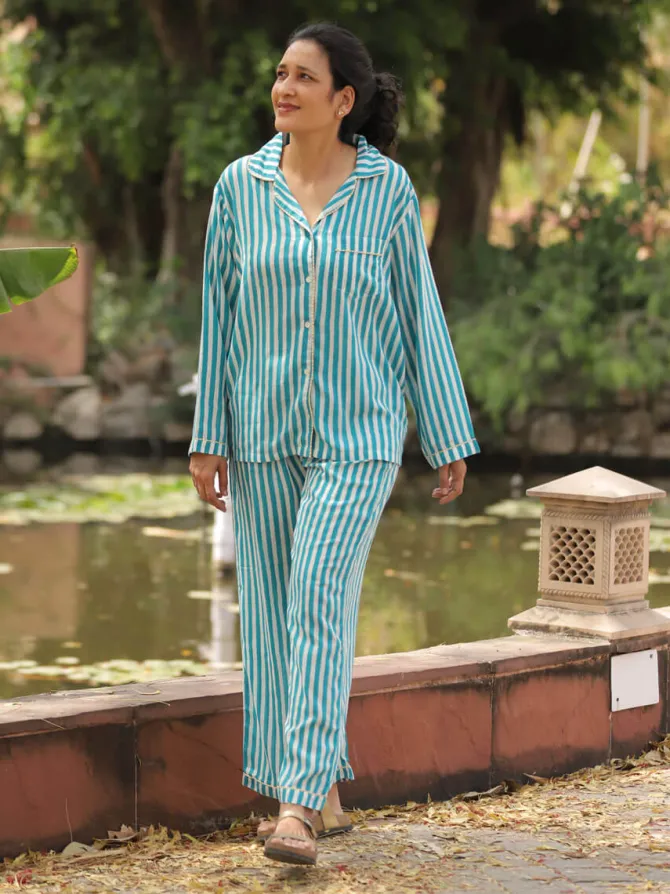 Turquoise Stripes Block Printed Cotton Top & Pyjama Set
