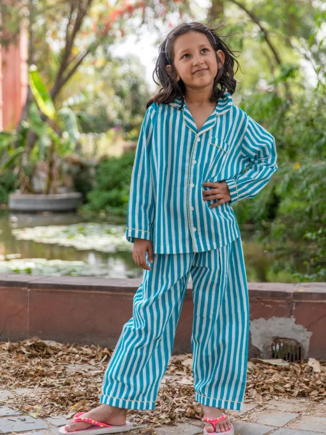 Turquoise Stripes Block Printed Cotton Top & Pyjama Set