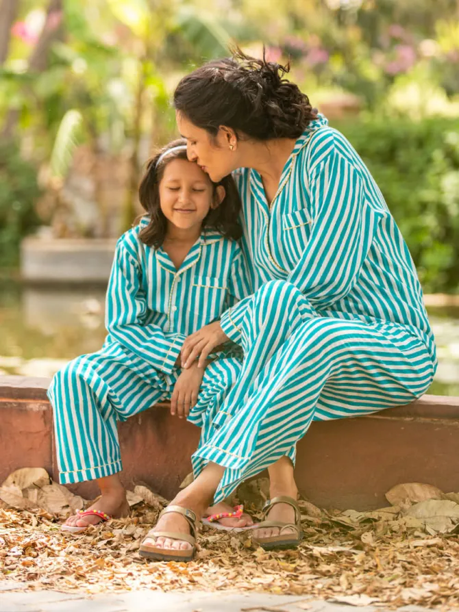 Turquoise Stripes Block Printed Cotton Top & Pyjama Set
