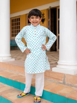 Turquoise Umbrella Organic Cotton Long Kurta