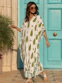 Tuscan Cypress Slub Hand Block Printed Kaftan Kurta