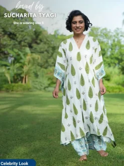 Tuscan Cypress Slub Hand Block Printed Kaftan Kurta