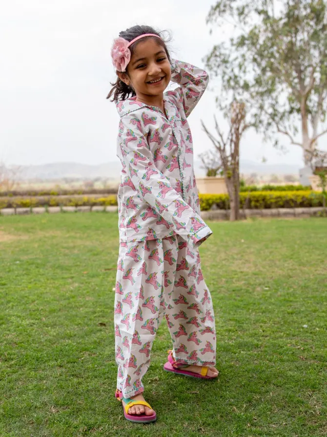 Unicorn Block Printed Cotton Top & Pyjama Set