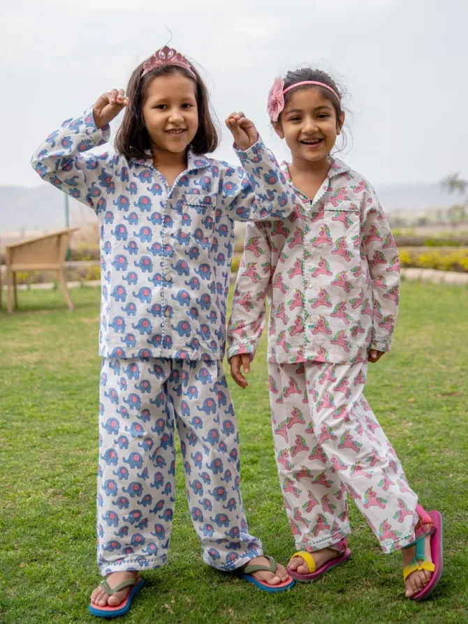 Unicorn Block Printed Cotton Top & Pyjama Set
