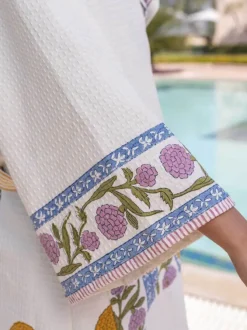 Utsa Waffle Block Printed Cotton Bath Robe