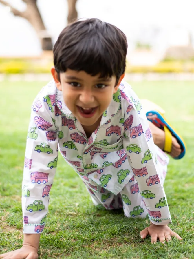Vroom Vroom Block Printed Cotton Top & Pyjama Set