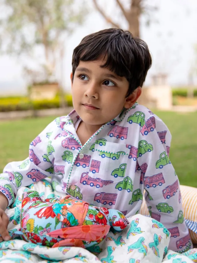 Vroom Vroom Block Printed Cotton Top & Pyjama Set
