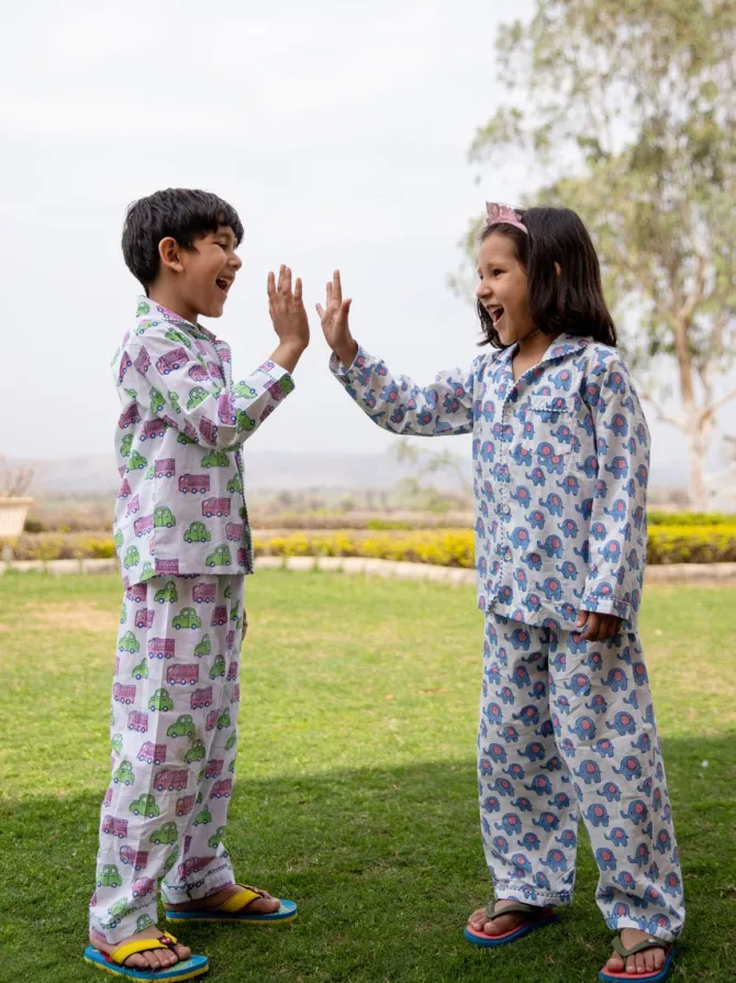 Vroom Vroom Block Printed Cotton Top & Pyjama Set
