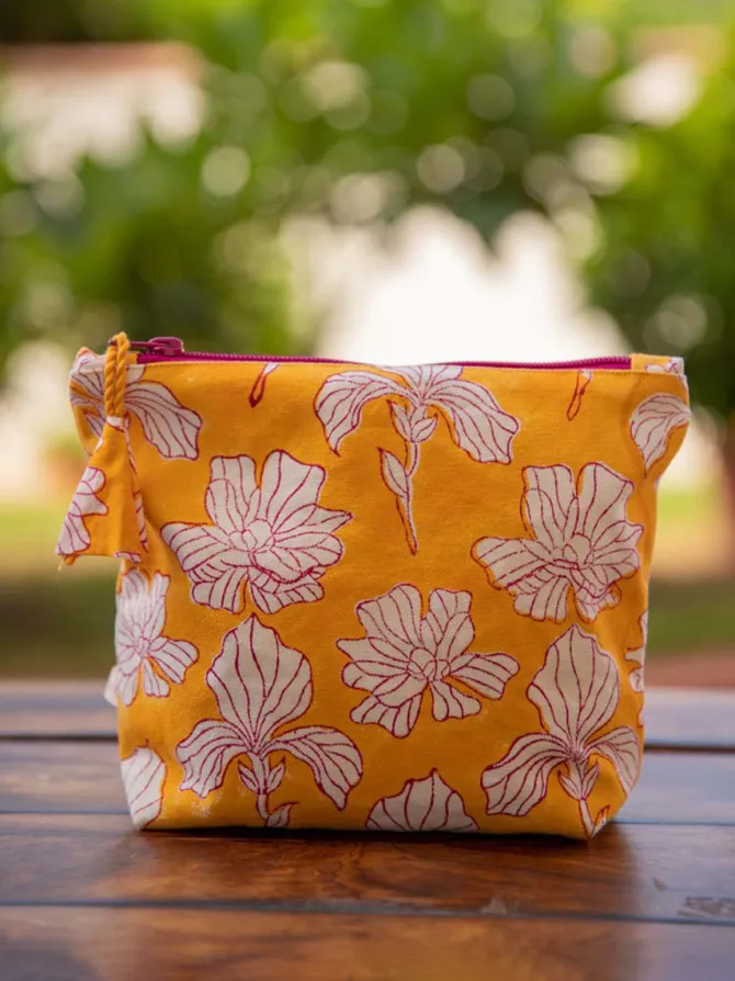 Yellow Peony Block Printed Cotton Travel Case