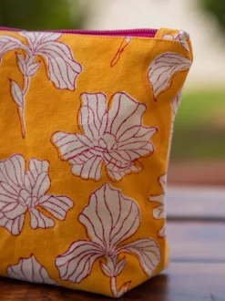 Yellow Peony Block Printed Cotton Travel Case