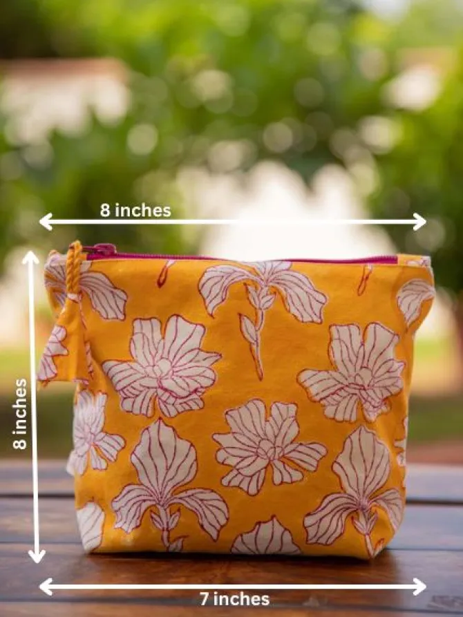 Yellow Peony Block Printed Cotton Travel Case
