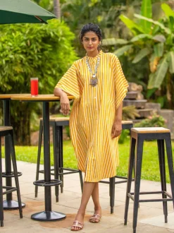 Yellow Stripes Kaftan Cotton Shirt Dress