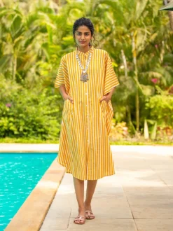 Yellow Stripes Kaftan Cotton Shirt Dress
