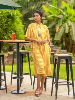 Yellow Stripes Kaftan Cotton Shirt Dress