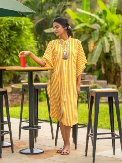 Yellow Stripes Kaftan Cotton Shirt Dress