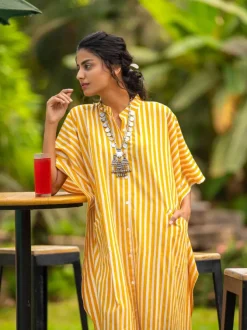 Yellow Stripes Kaftan Cotton Shirt Dress