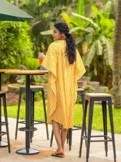 Yellow Stripes Kaftan Cotton Shirt Dress
