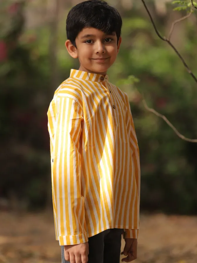 Yellow Stripes Organic Cotton Block Printed Kurta