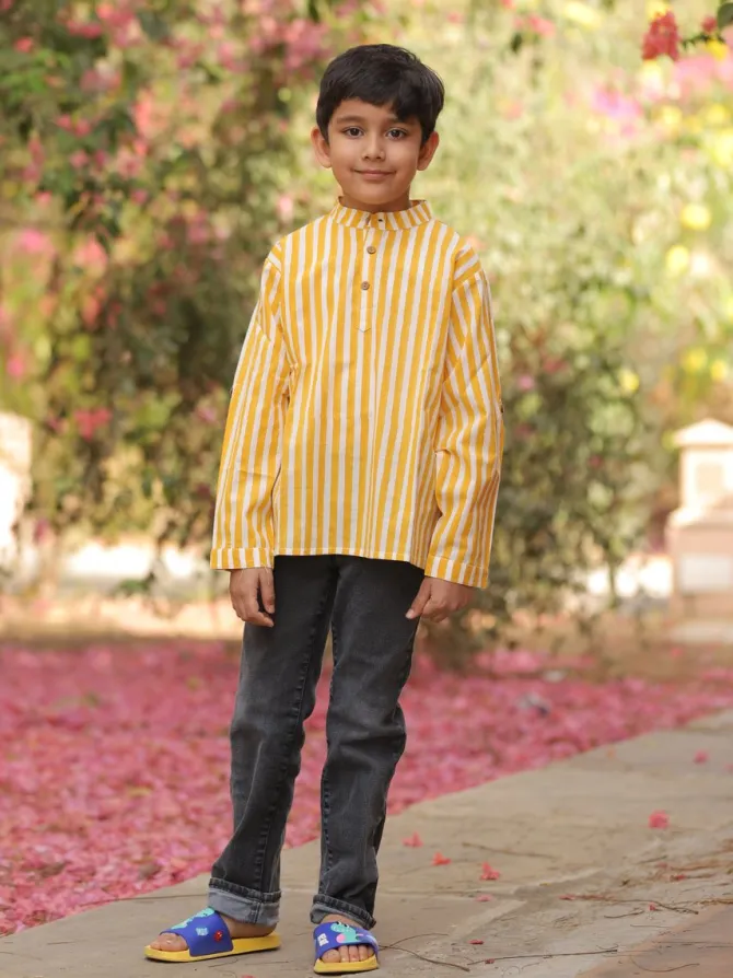 Yellow Stripes Organic Cotton Block Printed Kurta