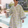Zeniya Waffle Block Printed Cotton Bath Robe