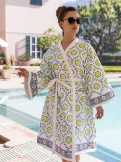 Zeniya Waffle Block Printed Cotton Bath Robe