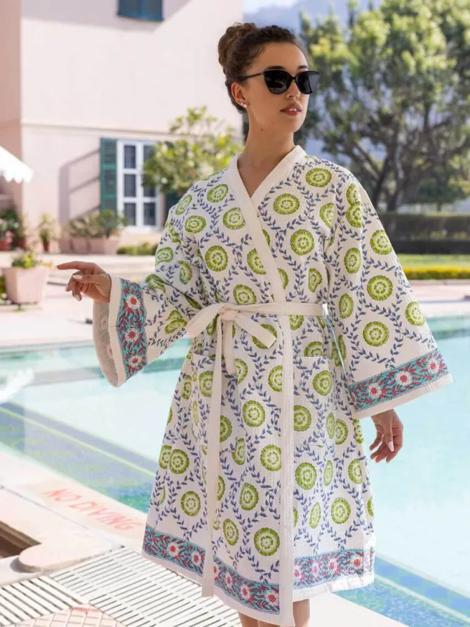 Zeniya Waffle Block Printed Cotton Bath Robe
