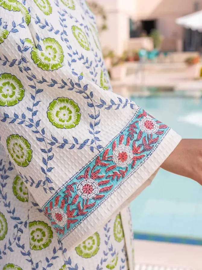 Zeniya Waffle Block Printed Cotton Bath Robe