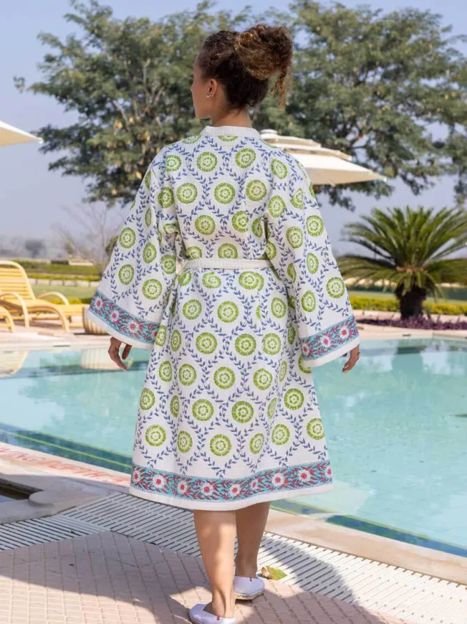 Zeniya Waffle Block Printed Cotton Bath Robe