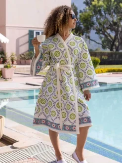 Zeniya Waffle Block Printed Cotton Bath Robe