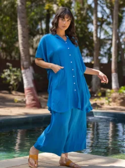 Zephyr Solid Blue Kaftan Shirt Dress