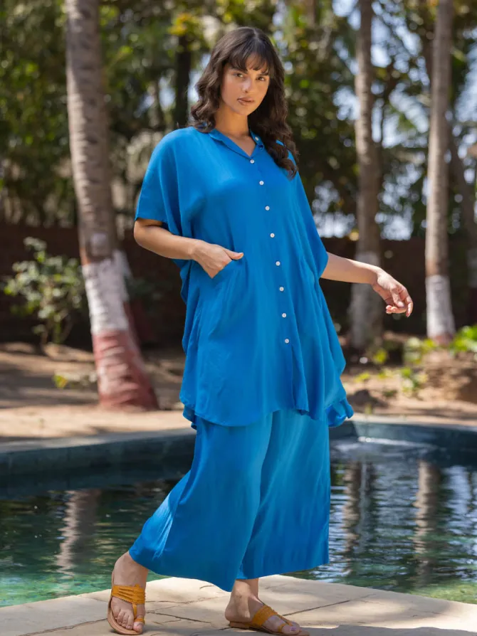 Zephyr Solid Blue Kaftan Shirt Dress