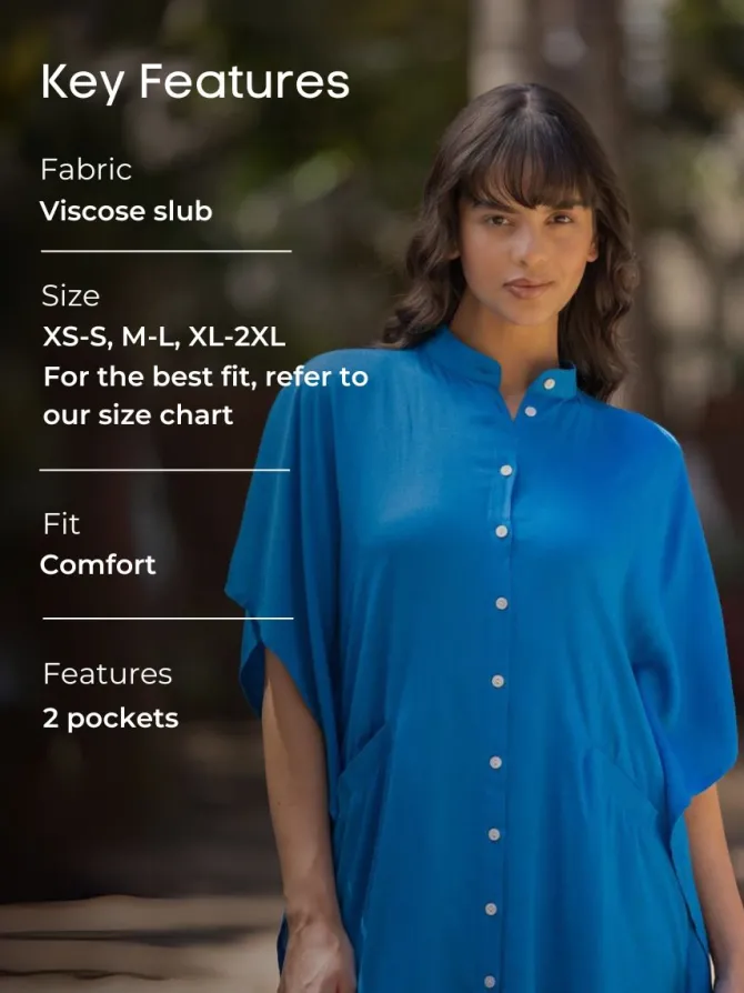 Zephyr Solid Blue Kaftan Shirt Dress